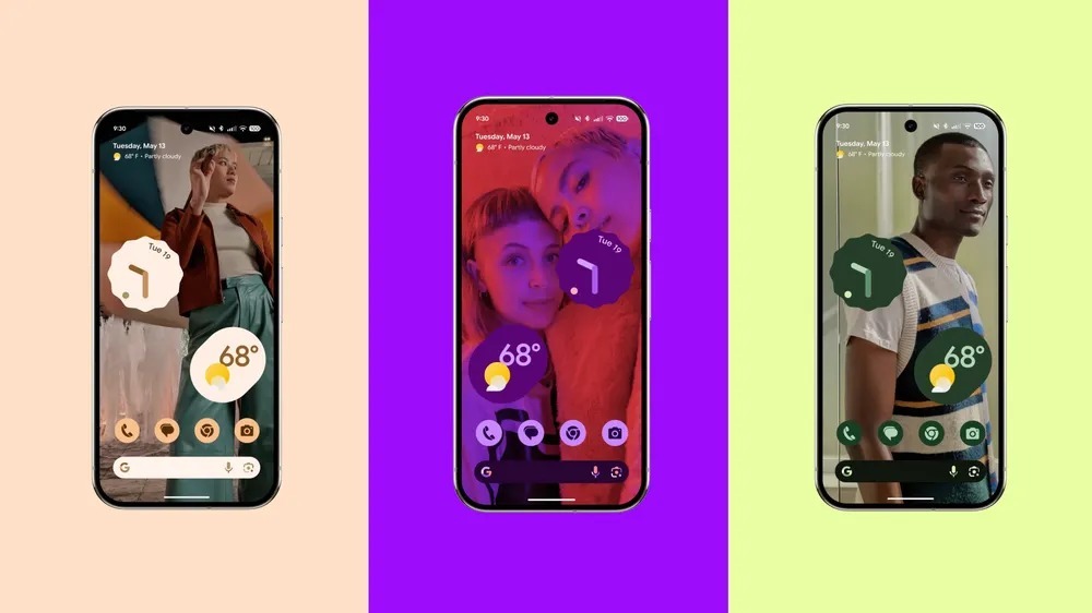 Three current Google Pixel 10 phones in a row with different home screen styles