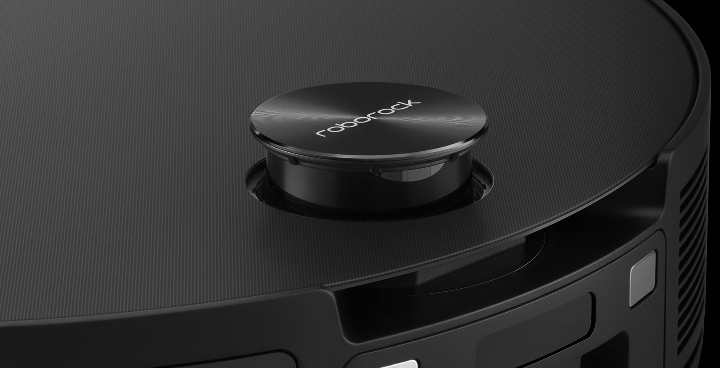 Close-up of the Roborock Saros 10 retractable LiDAR turret on the black top panel