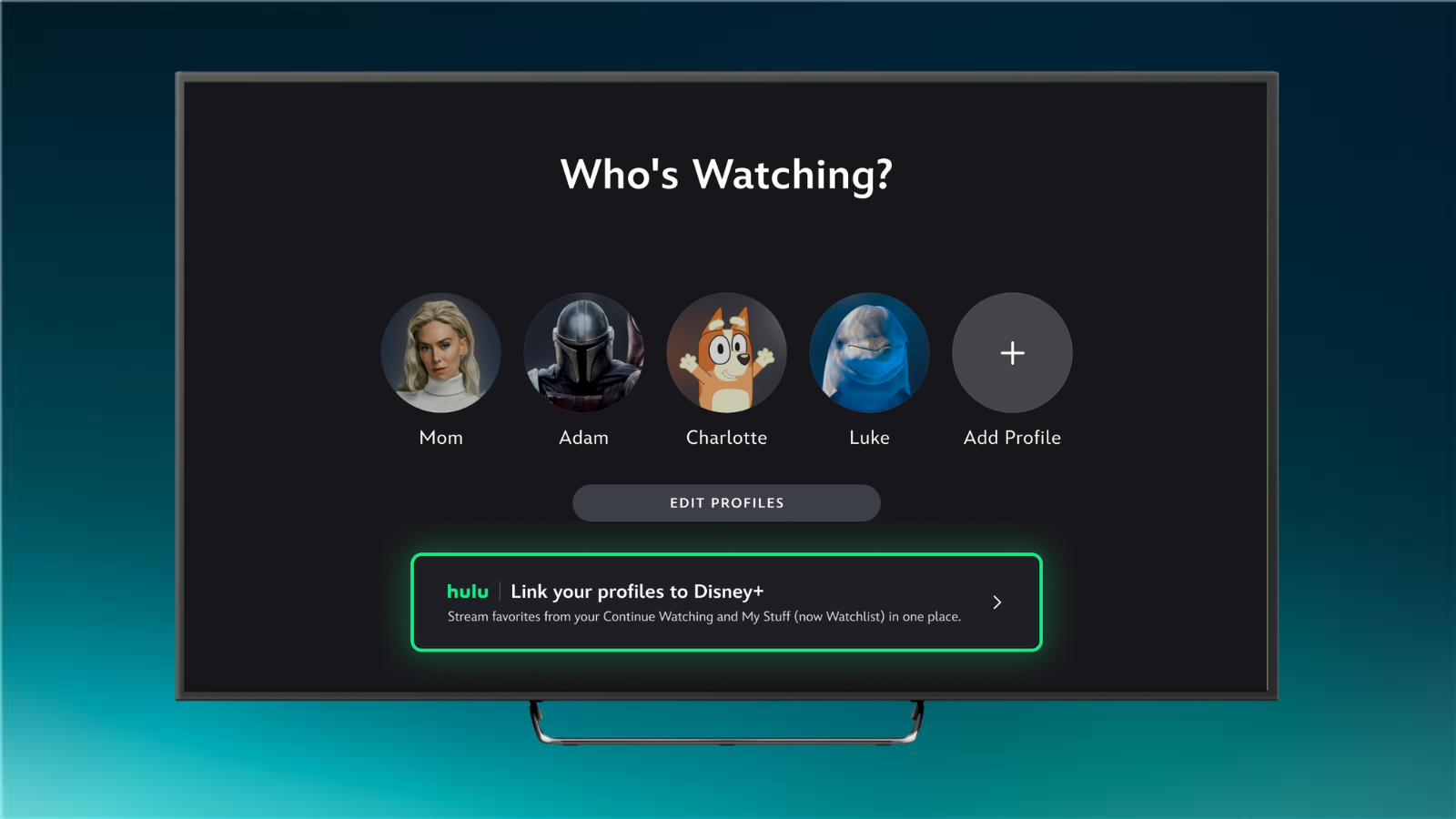 Disney+ Who's Watching screen showing a row of colourful character profile avatars to choose from