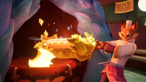Colourful in-game scene from Beastro showing a chef character cooking in a busy fantasy kitchen
