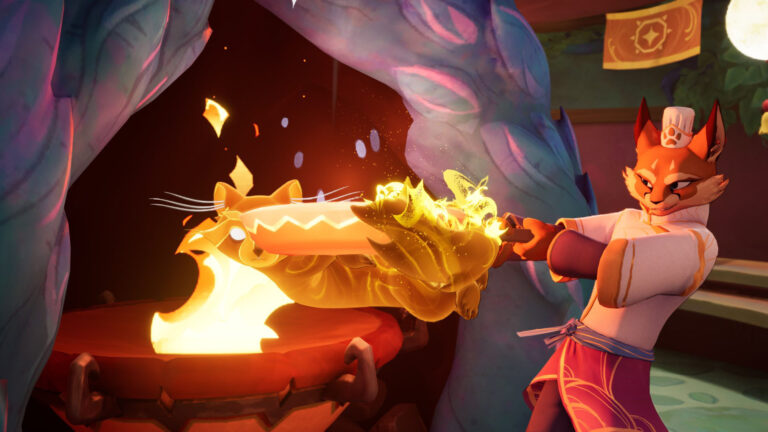 Colourful in-game scene from Beastro showing a chef character cooking in a busy fantasy kitchen