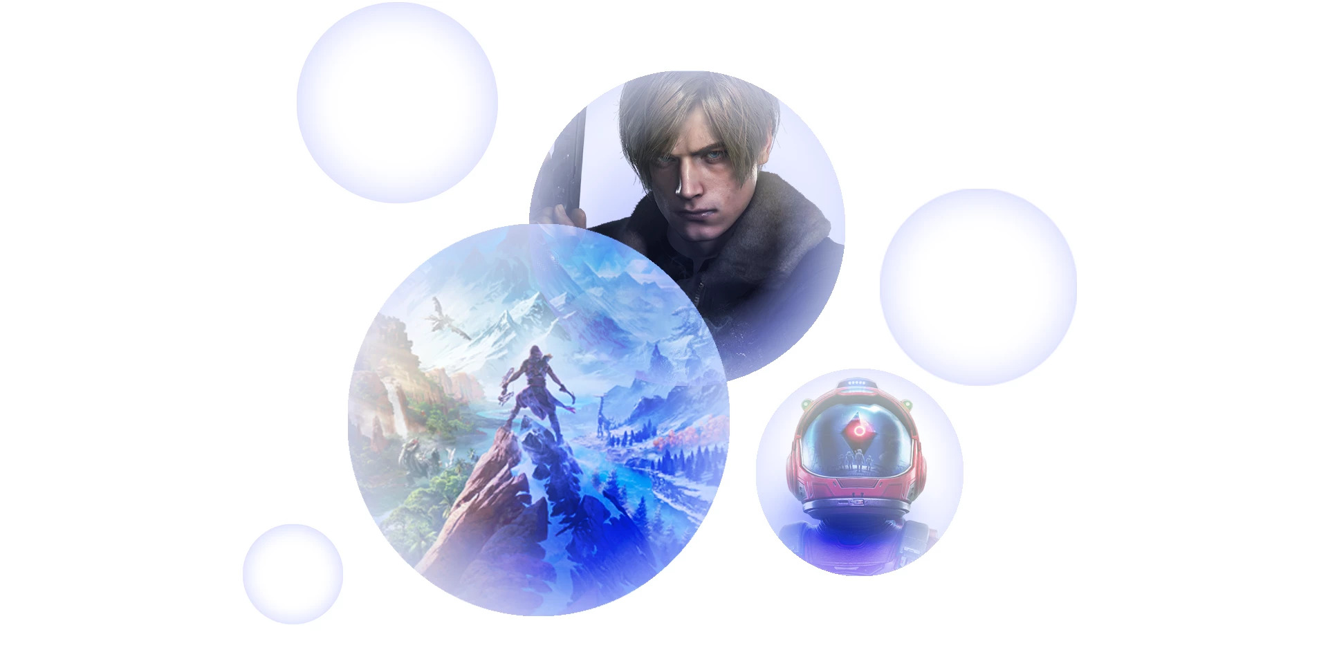 Collage of PS VR2 game artwork in circular frames, including Horizon Call of the Mountain, Resident Evil 4 and No Man's Sky