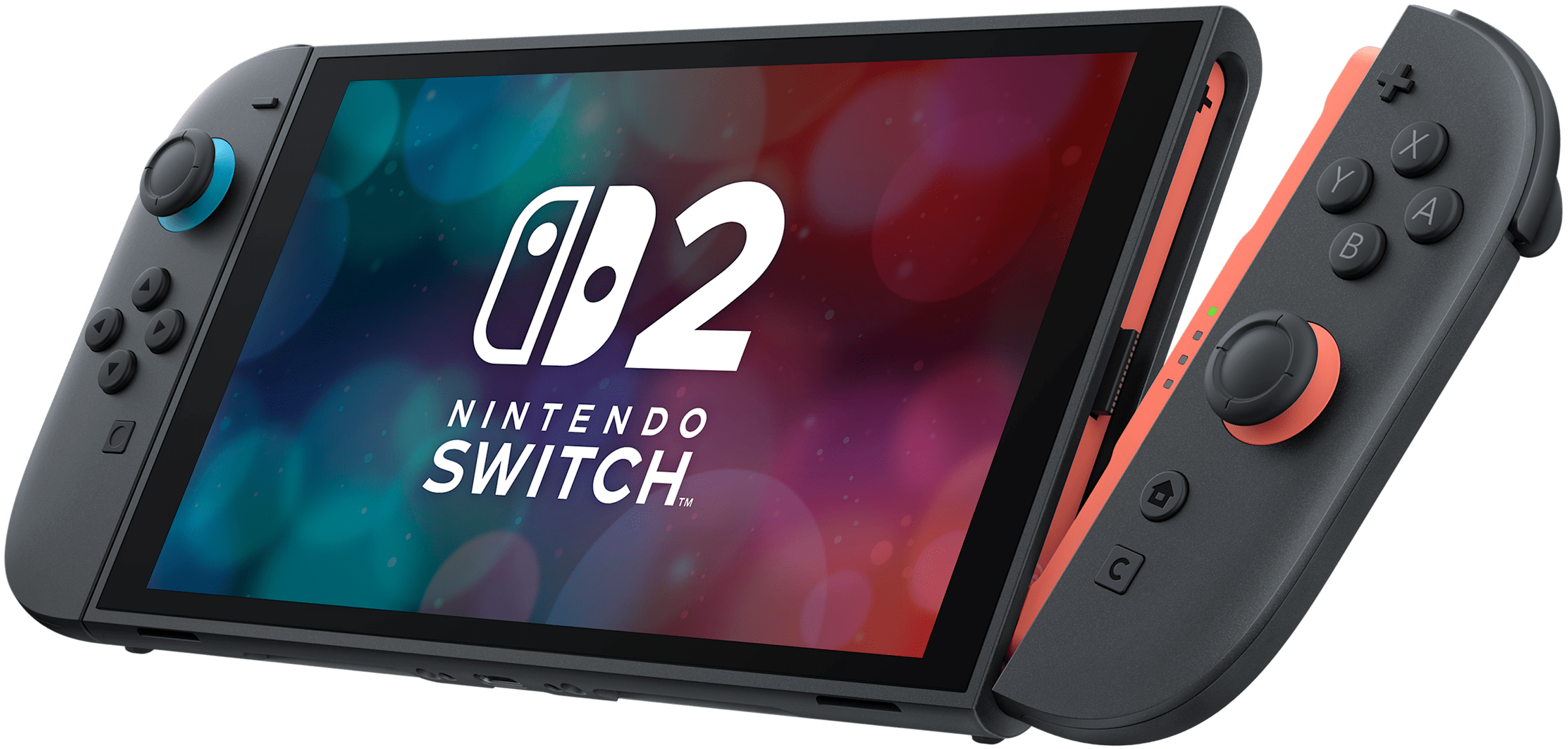 Angled view of the Nintendo Switch 2 console with magnetic Joy-Con 2 controllers attached