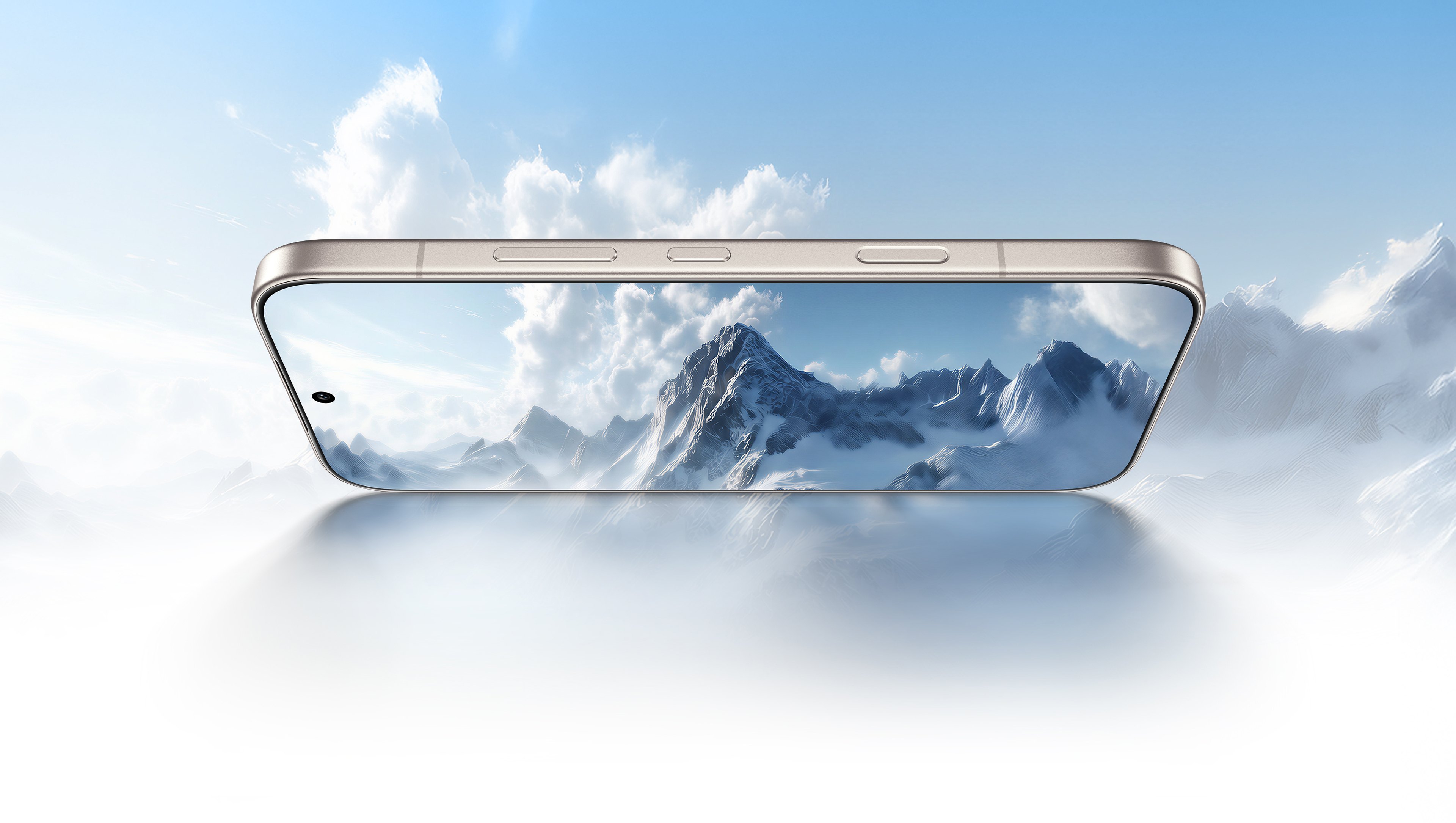 Honor 600 shown side-on with a snow-capped mountain scene on the AMOLED display