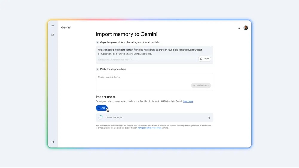 Gemini import chats screen showing the option to upload a zip export from another AI provider