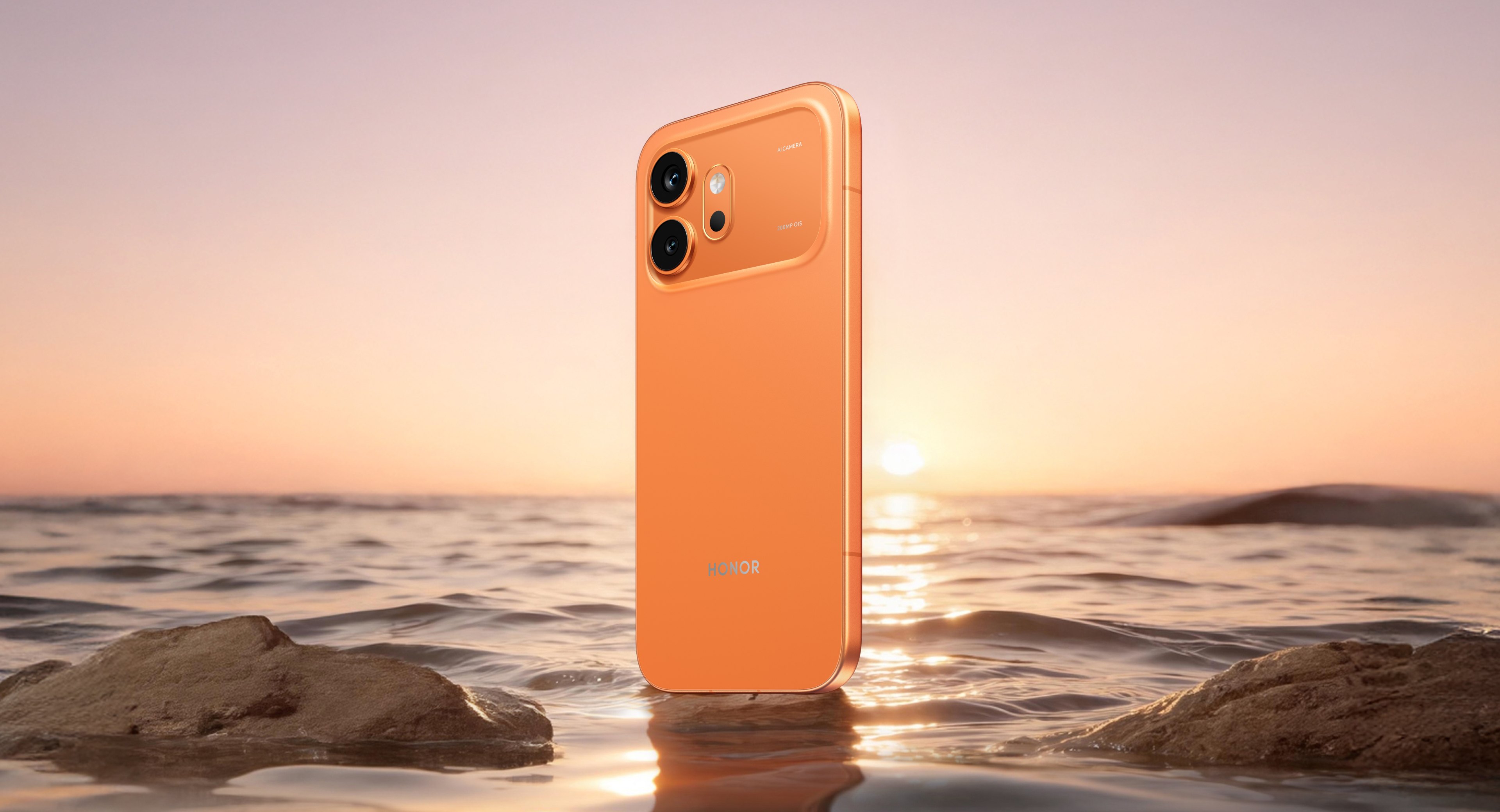 Honor 600 UK in Orange standing in shallow water at sunset showing the rear camera island