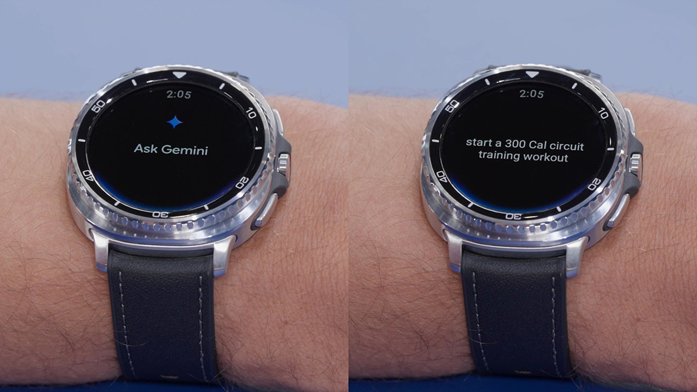 Galaxy Watch 8 Classic on a wrist showing the Ask Gemini voice assistant prompt and a workout command