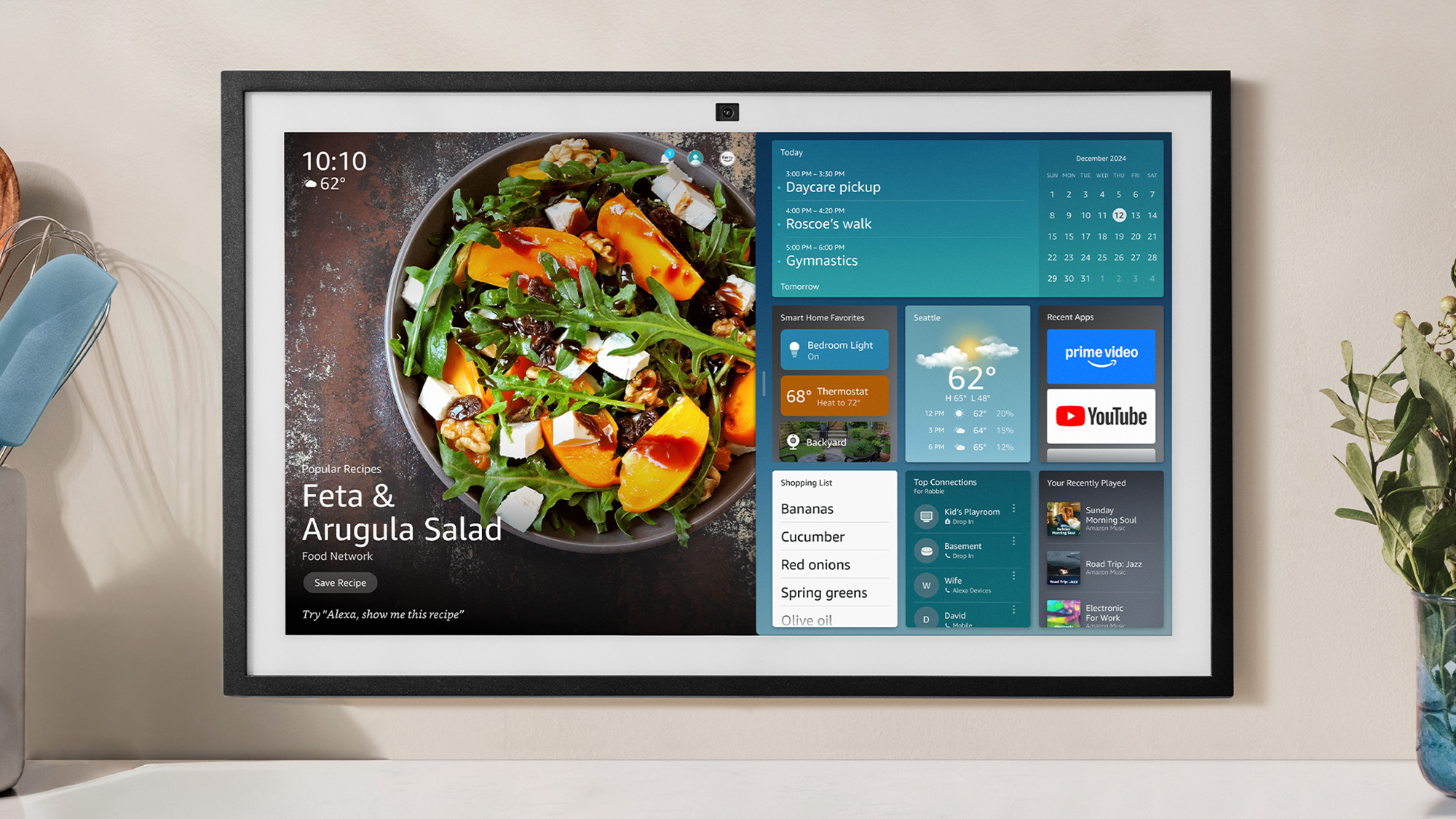 Amazon Echo Show 21 smart display on a kitchen counter acting as a Matter smart home hub