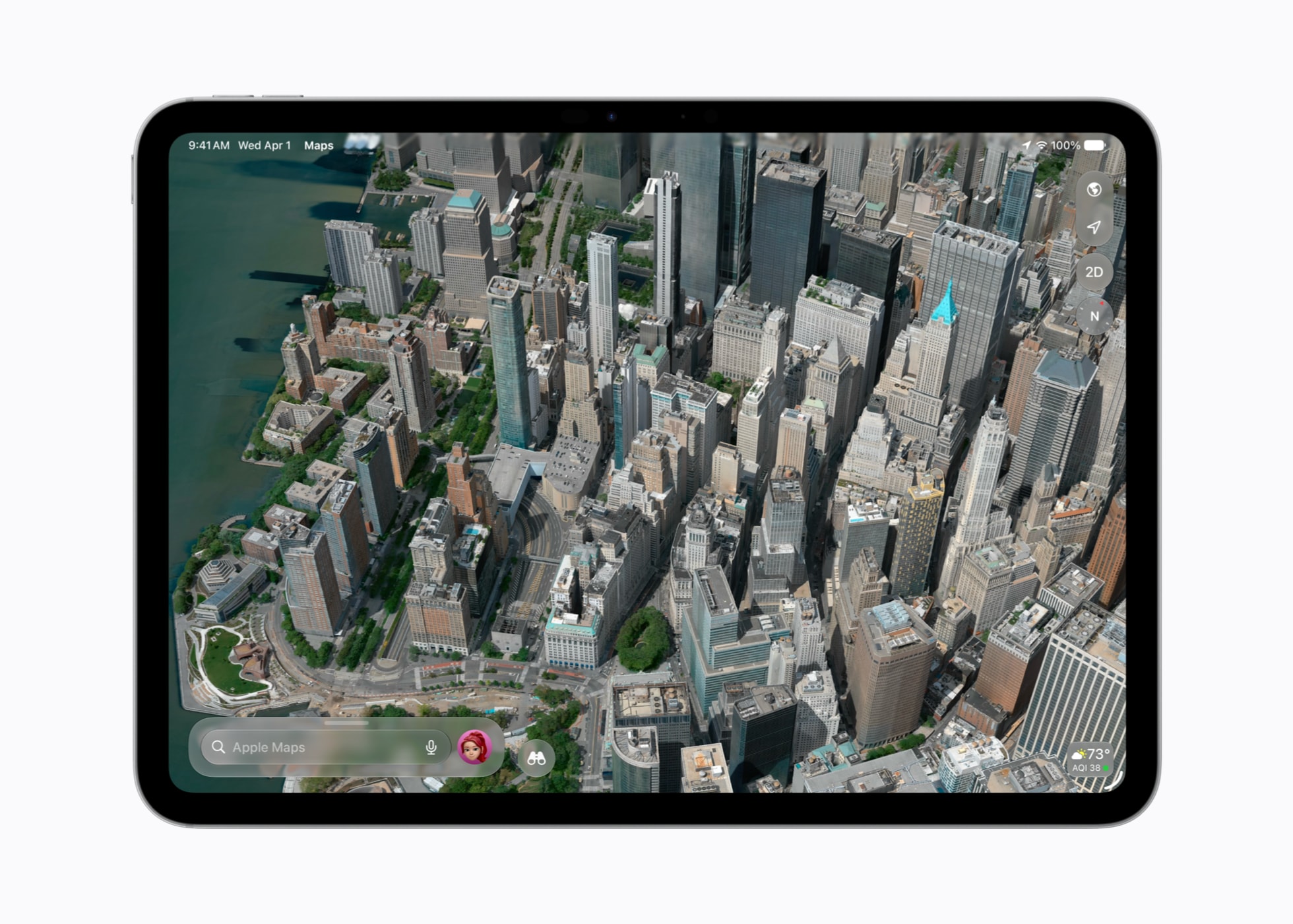 Apple Maps Flyover rendering a detailed 3D city view on an iPad running iPadOS 27