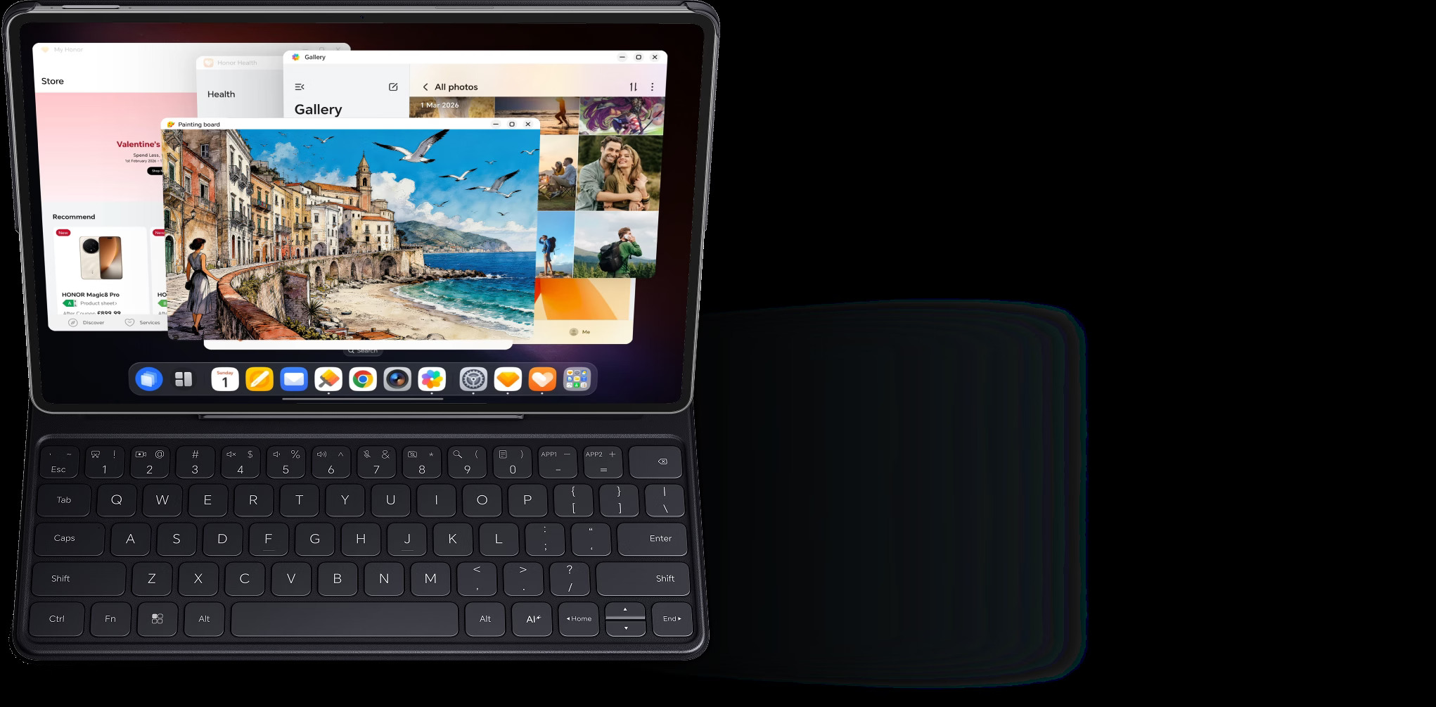 HONOR MagicPad 4 docked to a keyboard running several floating app windows at once