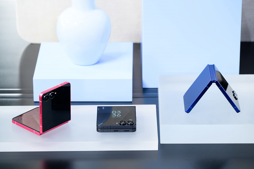 Samsung Galaxy Z Flip 7 in clamshell form shown at Galaxy Unpacked July 2025 official reveal