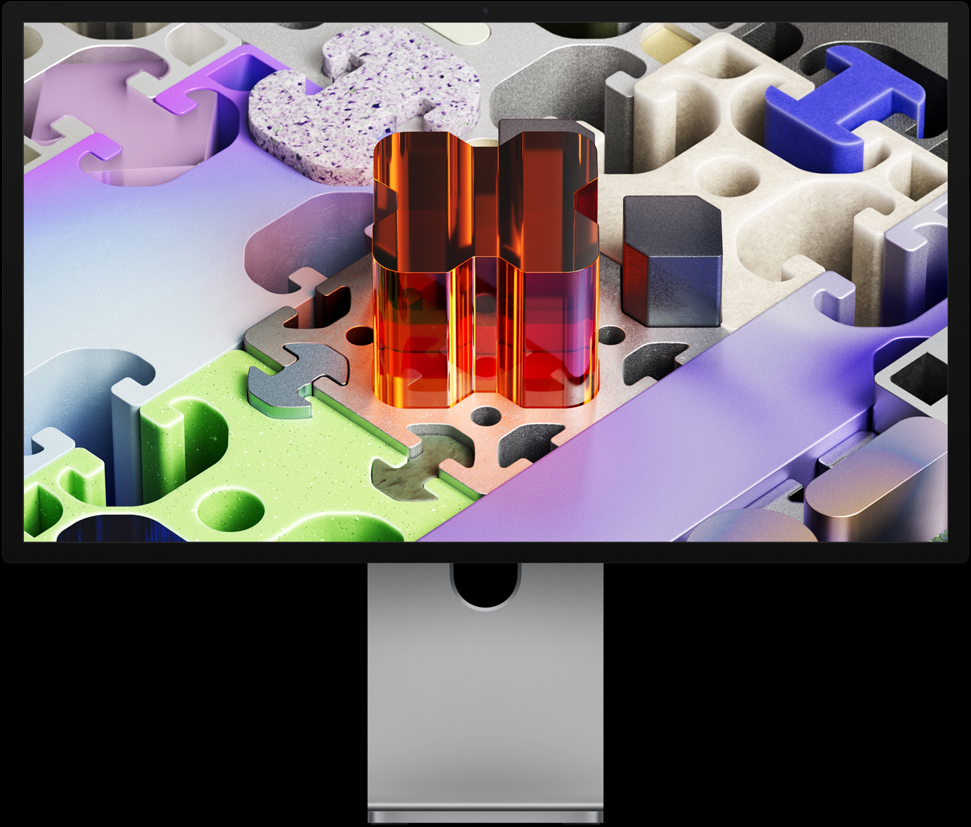 Apple Studio Display XDR with its mini-LED 5K panel showing a vivid HDR landscape