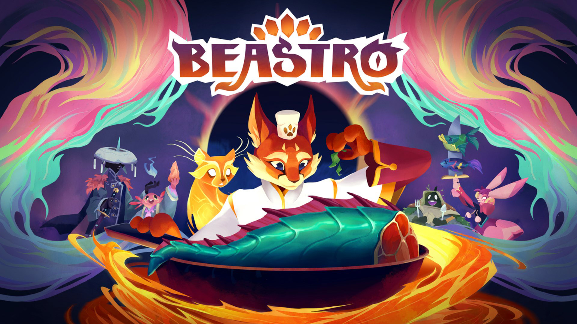 Beastro titled artwork showing the game's monster chef cast gathered around a steaming dish with the logo above