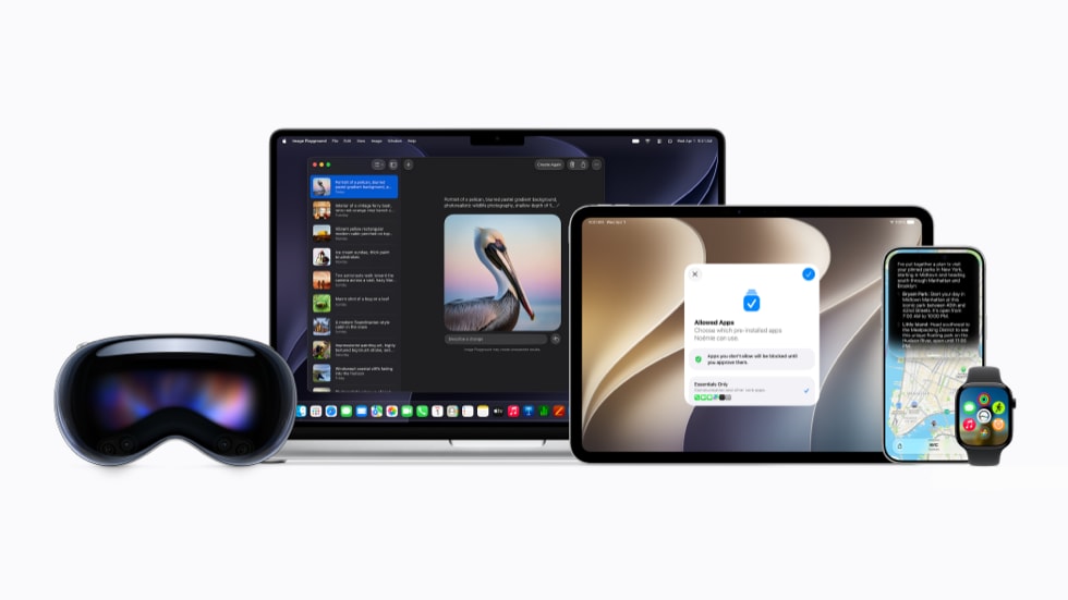 Apple Vision Pro, MacBook, iPad, iPhone, and Apple Watch pictured together showing the full Apple product family receiving iOS 27 and Apple Intelligence updates