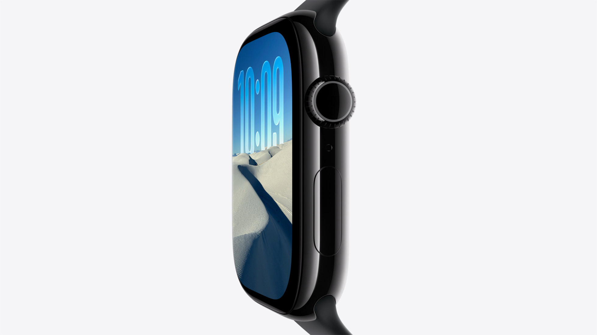 Side profile of a black Apple Watch Series 11 showing the thin case and digital crown