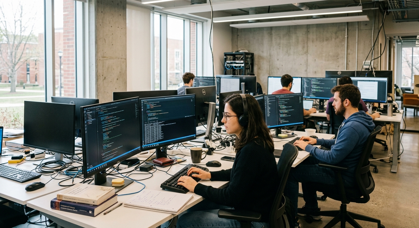 Researchers working at workstations in a bright university computer science lab