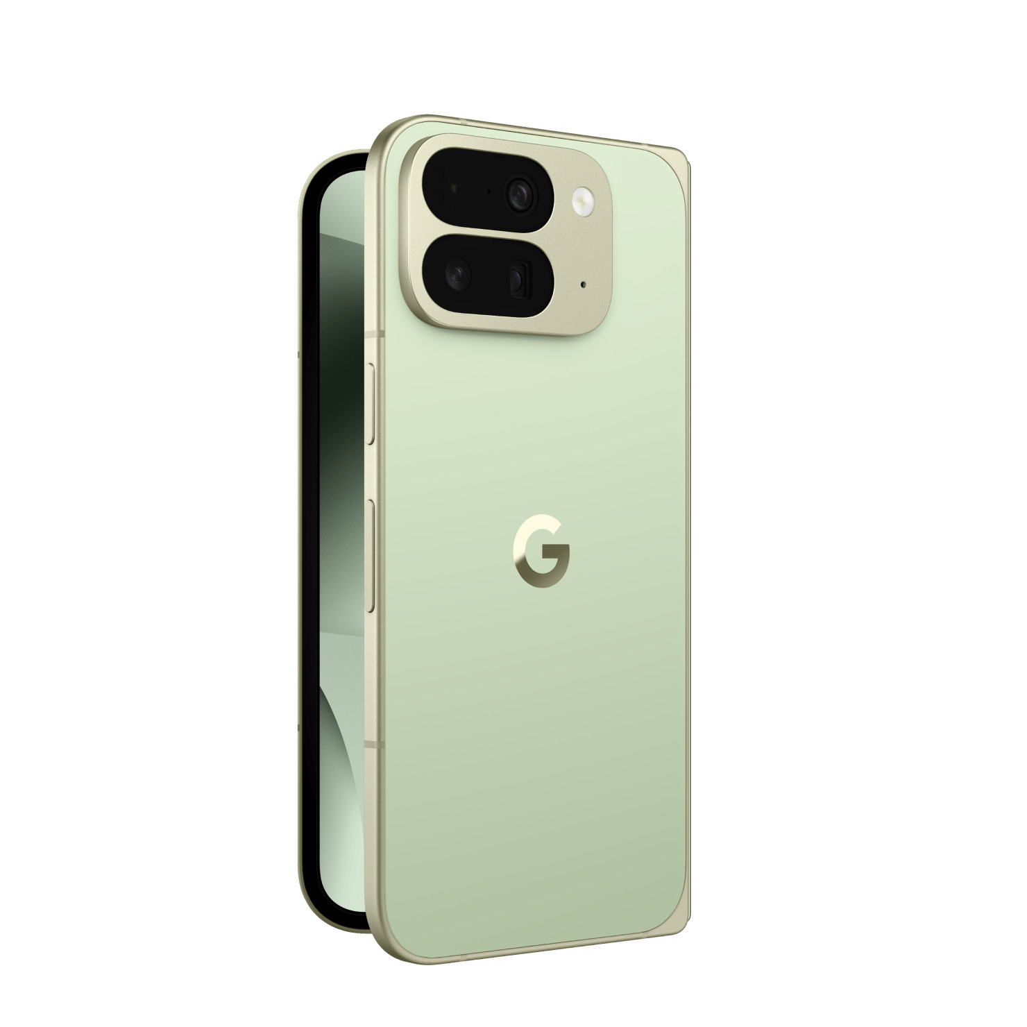 Google Pixel 10 Pro in green showing front display and rear camera module