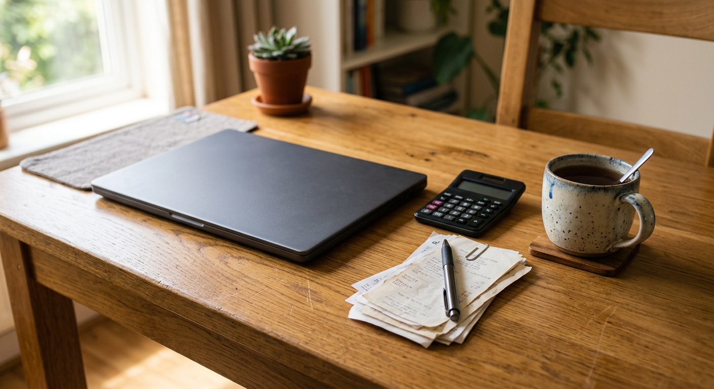 A tidy home office desk with a laptop, calculator and a stack of paper receipts