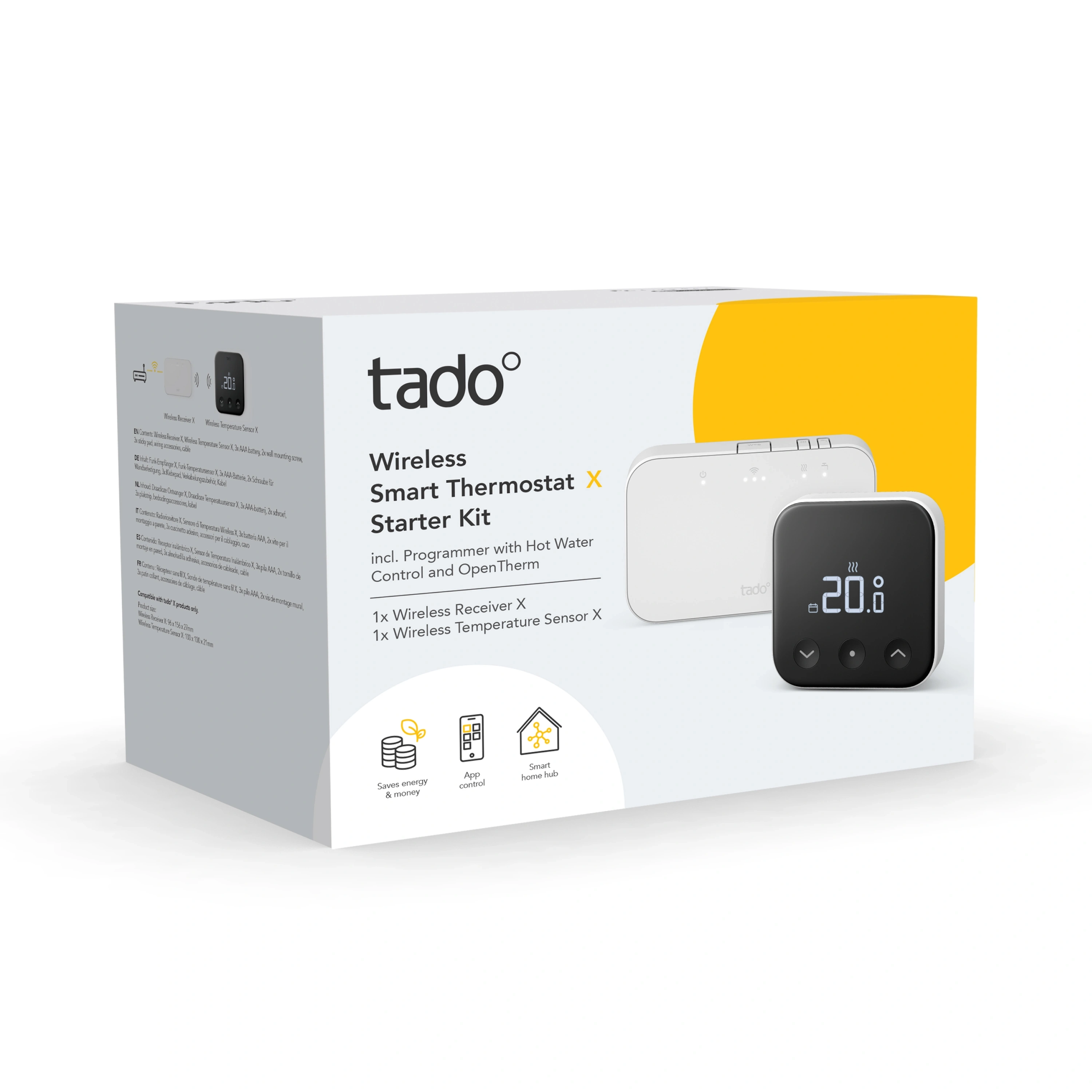Retail packaging for the tado Wireless Smart Thermostat X Starter Kit showing the thermostat and box artwork