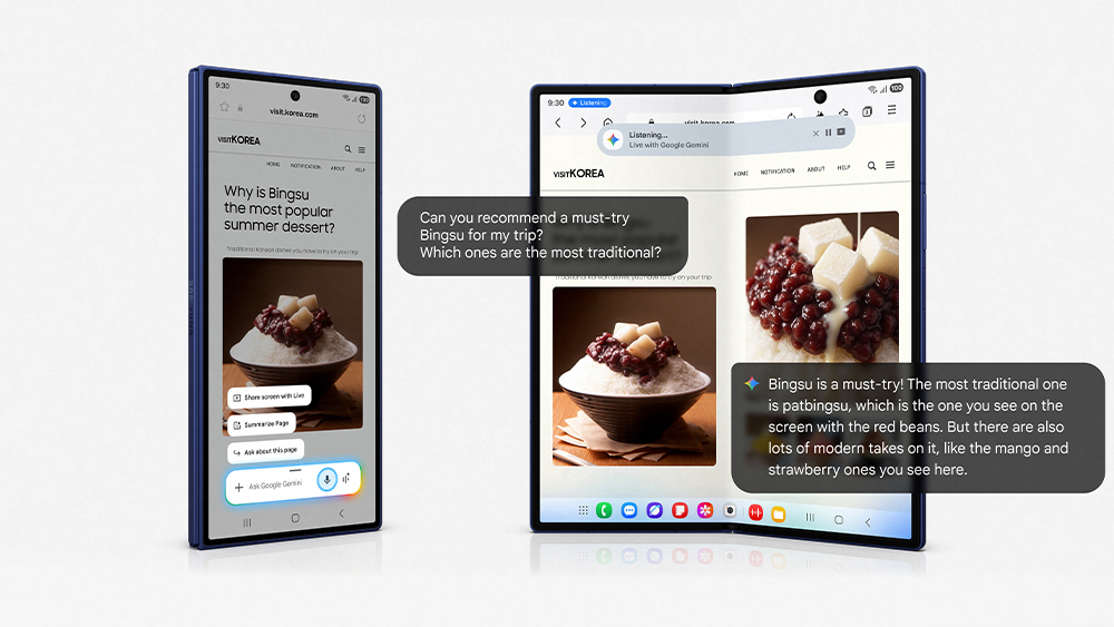 Galaxy Z Fold 7 cover screen and unfolded main screen side by side running a Google Gemini Live voice assistant session over a webpage
