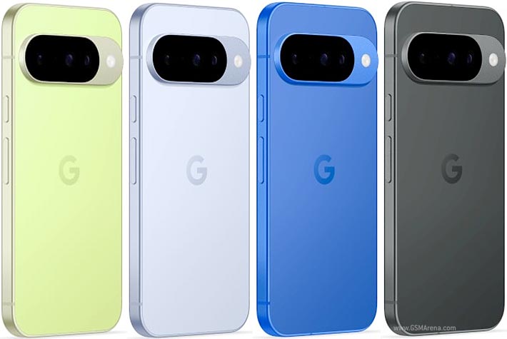Google Pixel 10 colour lineup showing the rear camera bar in four finishes