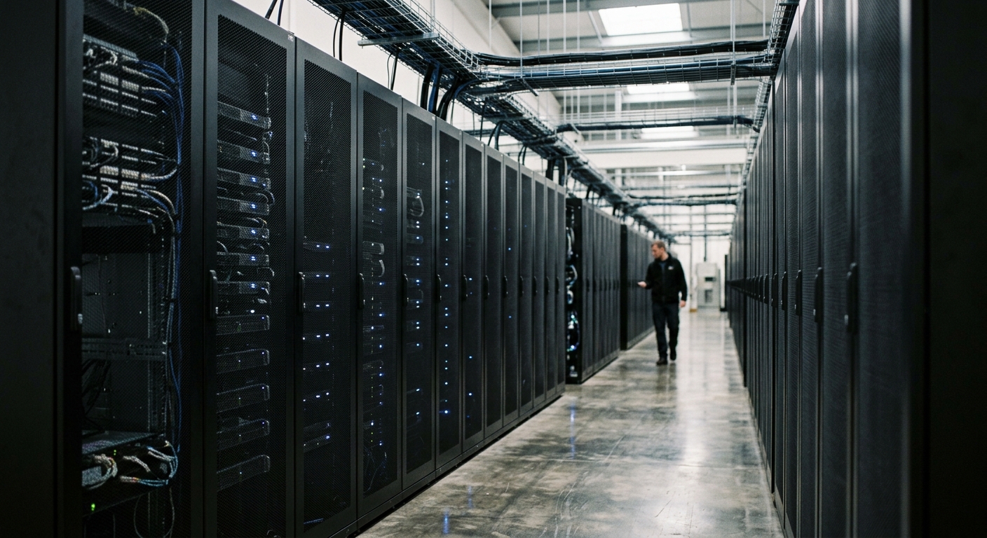 A long aisle of server racks inside a modern UK data centre