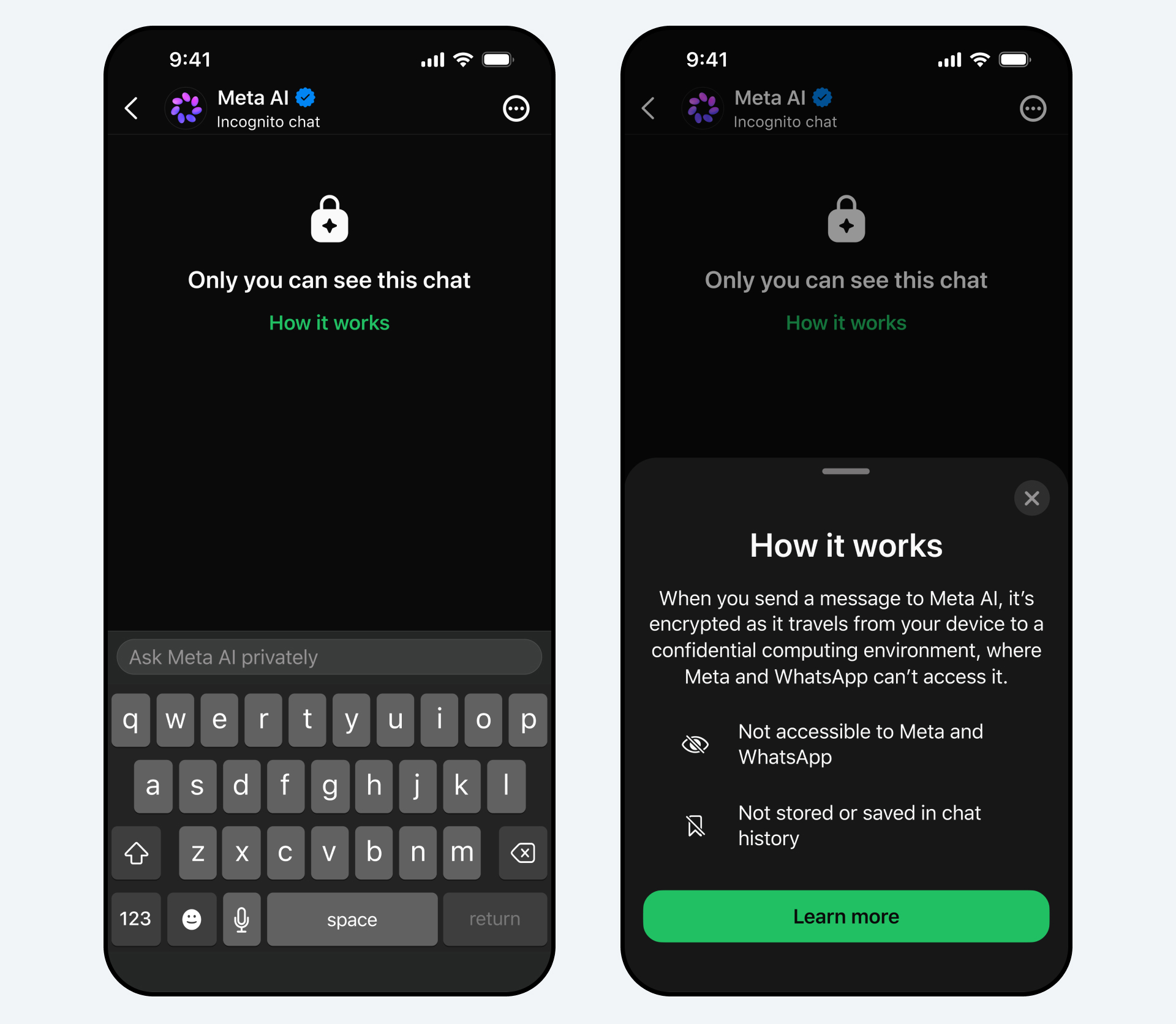 Incognito Chat with Meta AI on WhatsApp showing a private temporary conversation