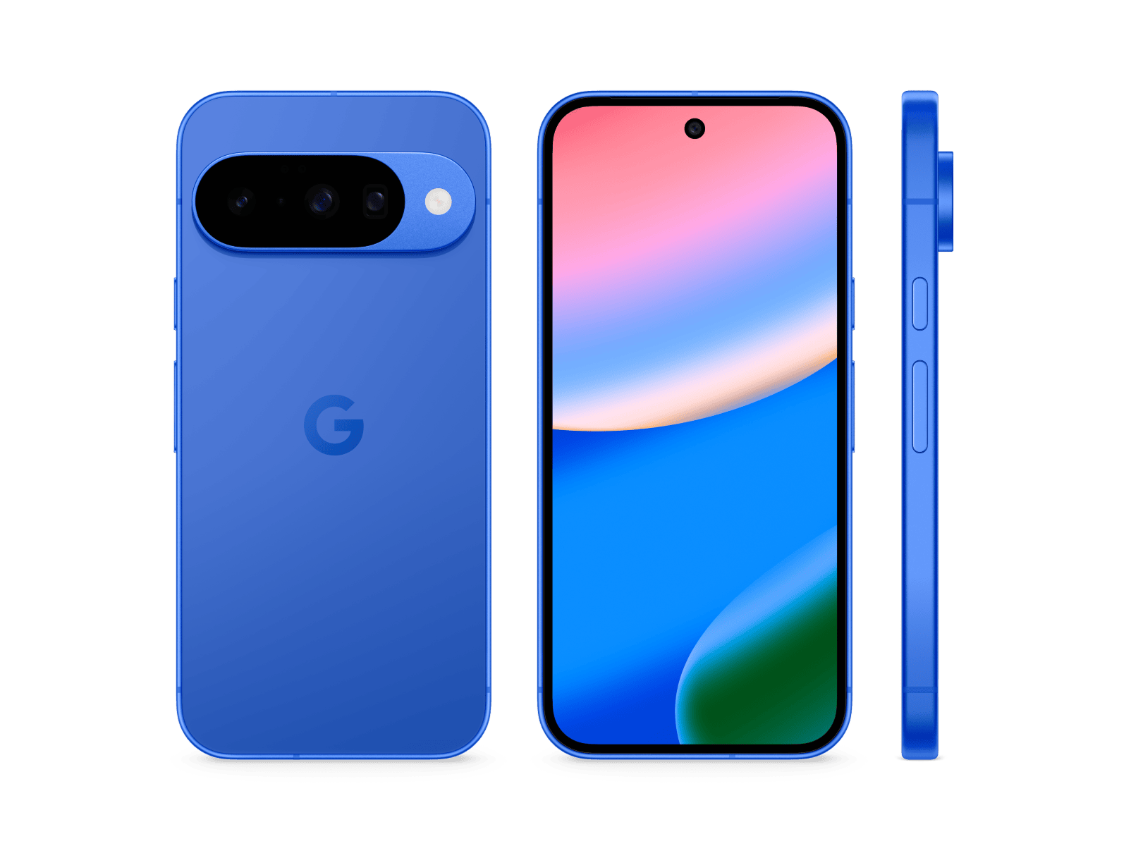 Official Google render of the blue Pixel 10 Pro from the back, front and side; no official Pixel 11 imagery exists yet