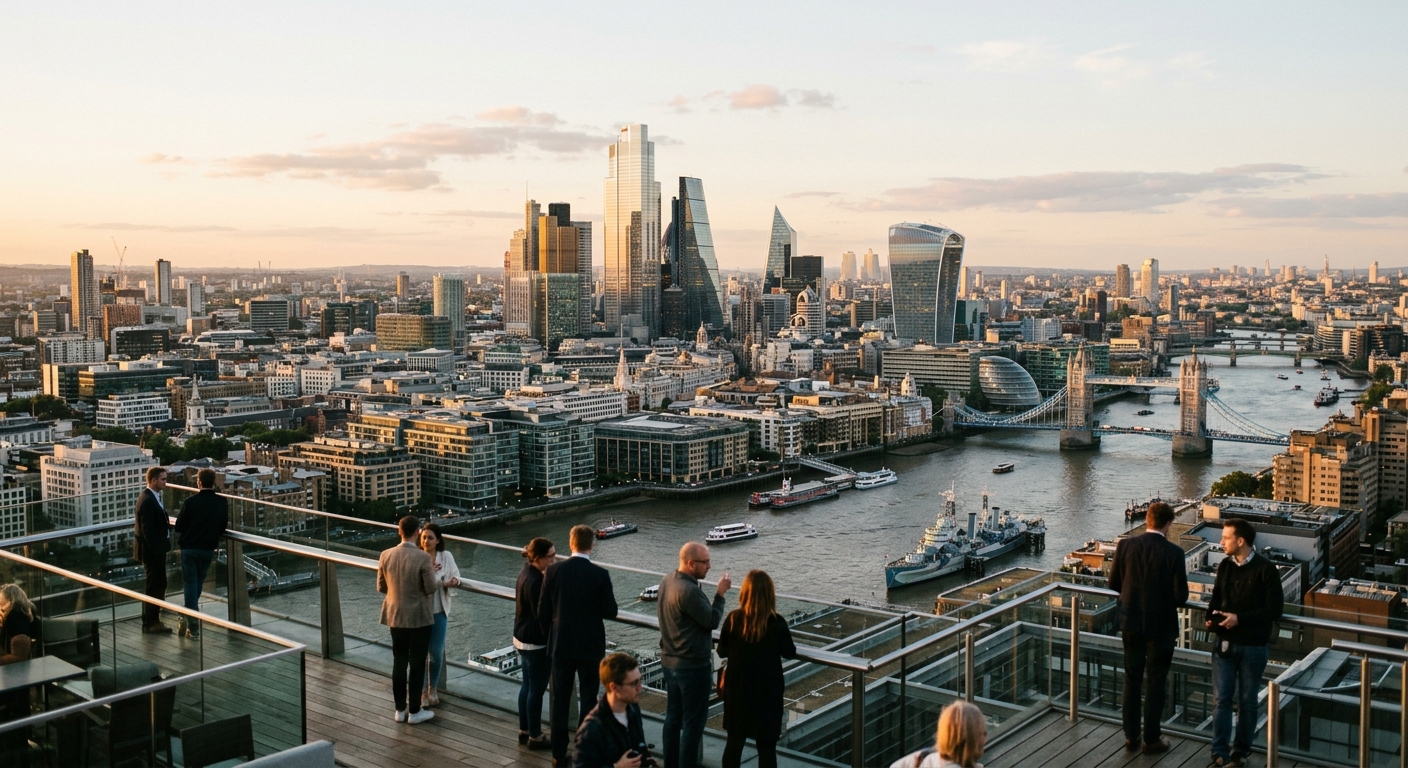 The London skyline at golden hour with glass office towers along the River Thames