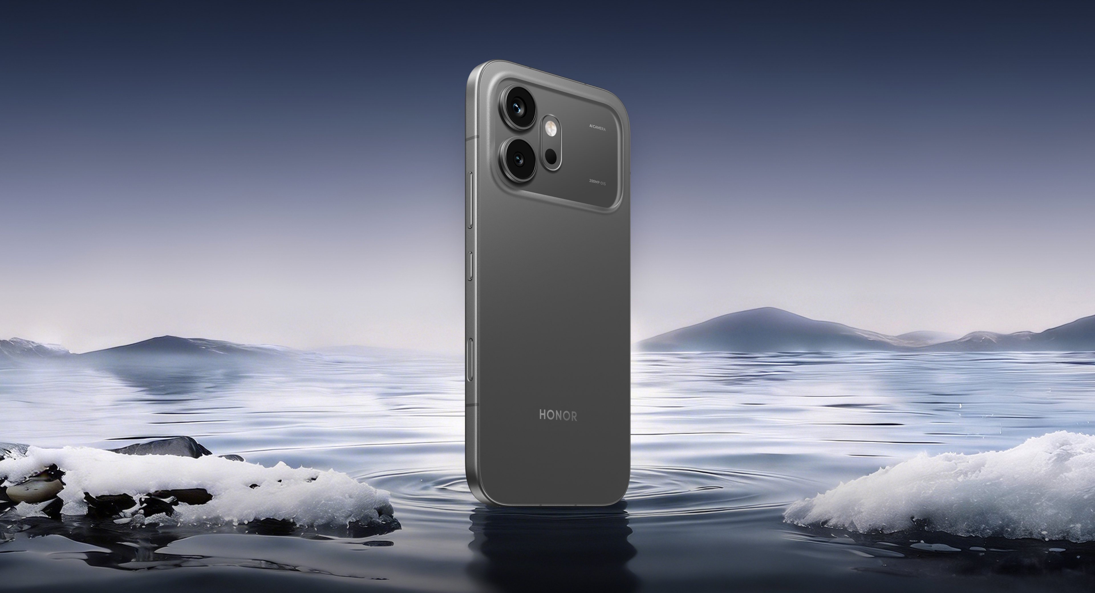 Honor 600 in Black standing in icy water showing the slim profile and camera island
