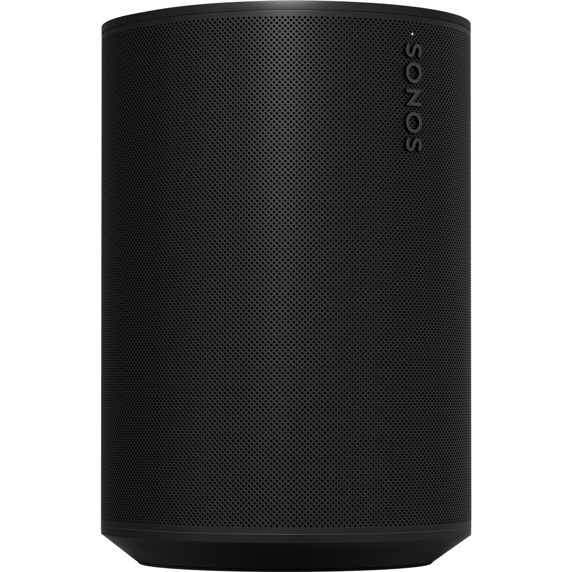 Sonos Era 100 black speaker shown from a low angle highlighting the cylindrical design
