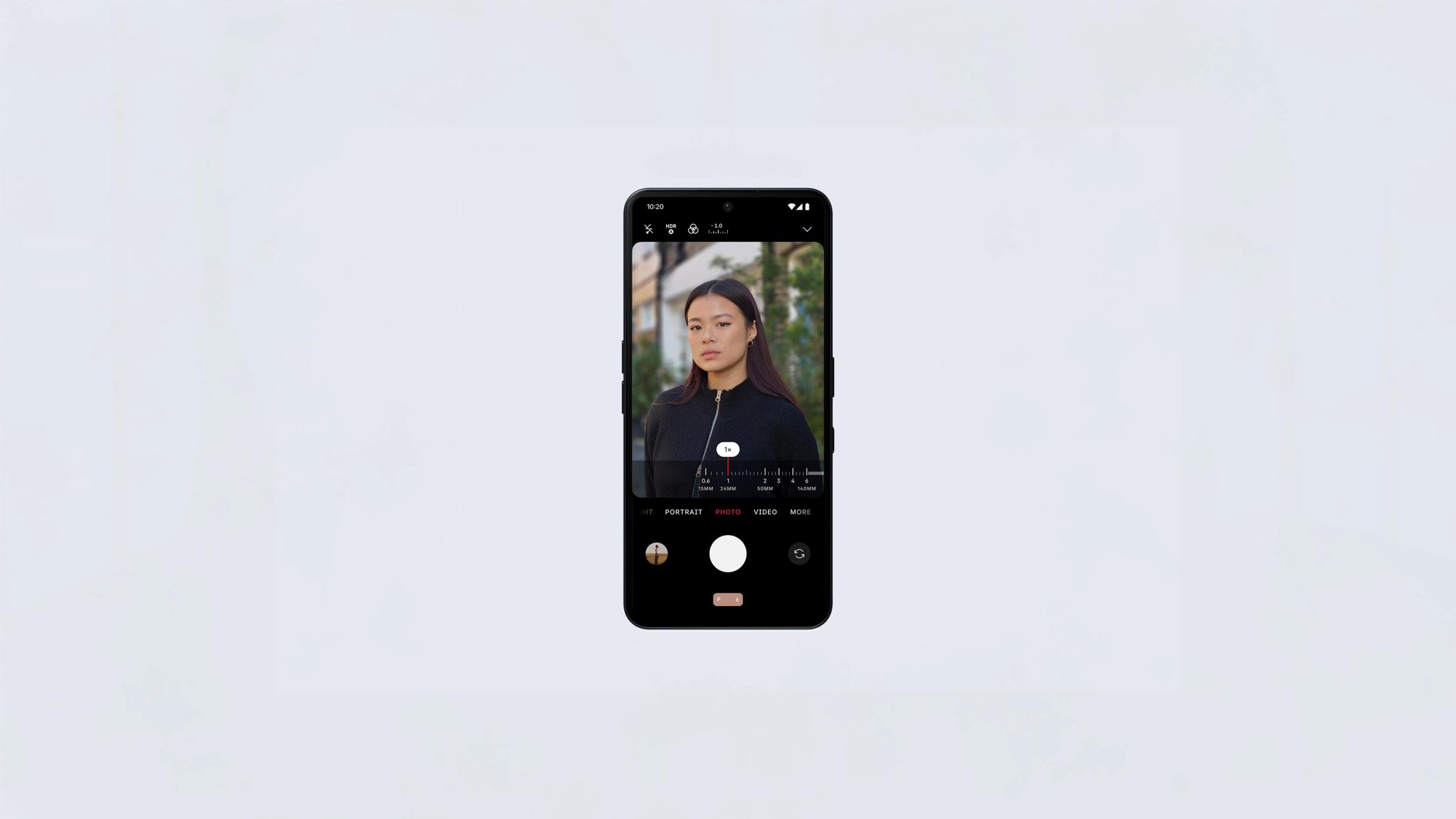 Nothing Phone 3a showing the camera app and a selfie preview on a white background