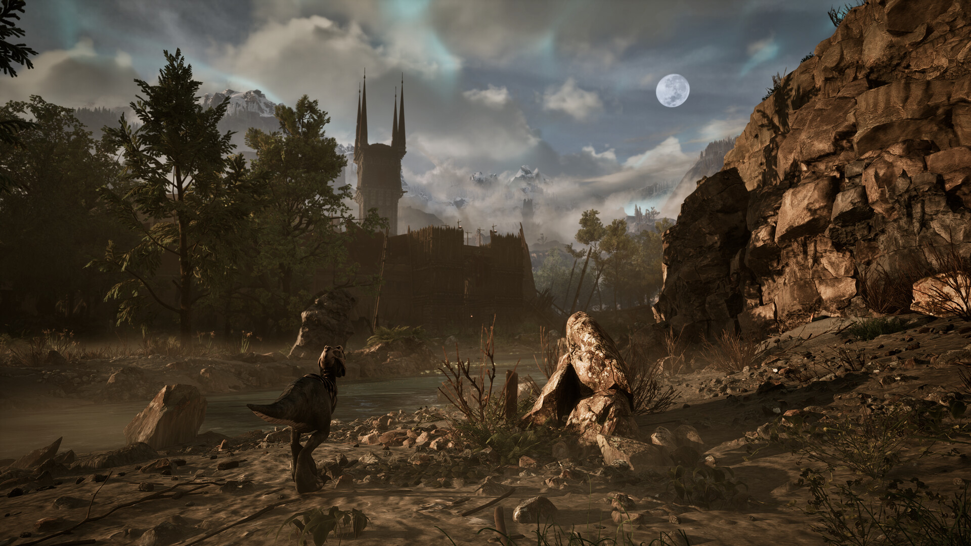 Moonlit ruins and a scavenger creature beneath a dark Gothic 1 Remake night sky