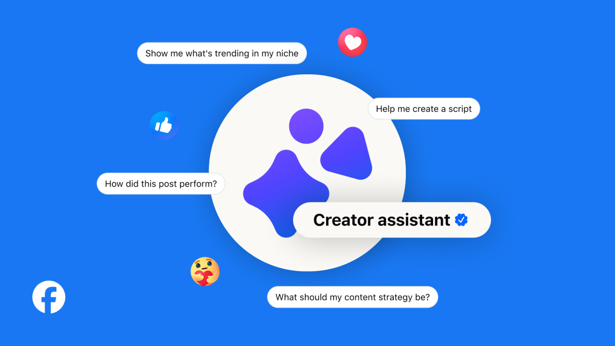 Illustration of a Meta assistant icon surrounded by speech bubbles asking content questions on a blue background