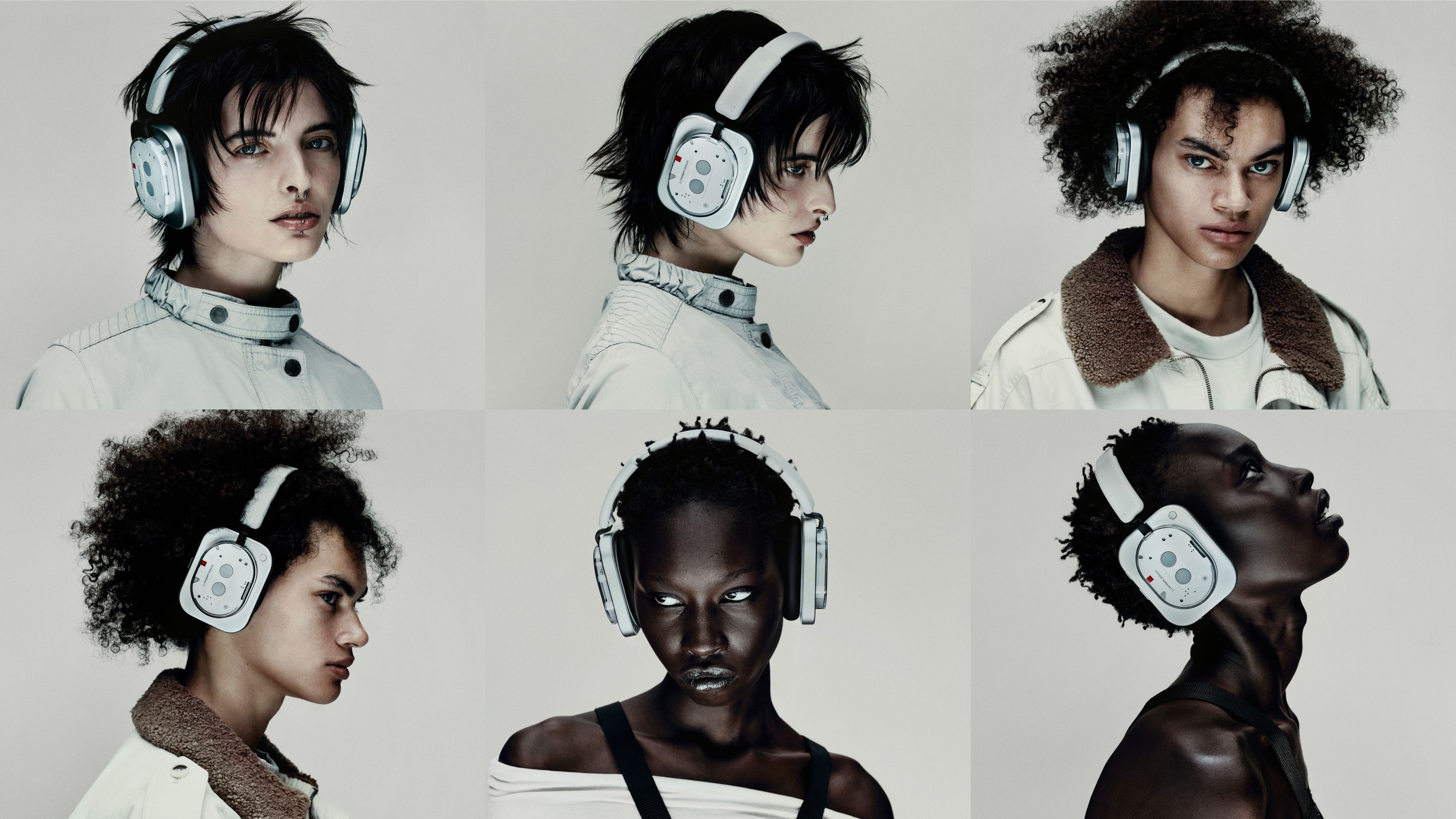 Six people wearing the white Nothing Headphone (1) headphones in a grid of portraits