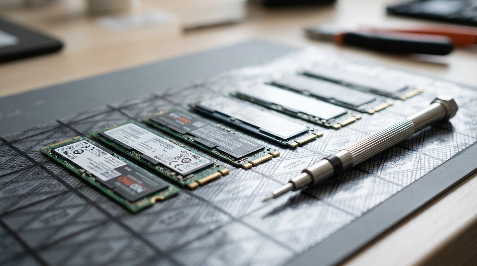 A row of M.2 NVMe SSDs laid out side by side