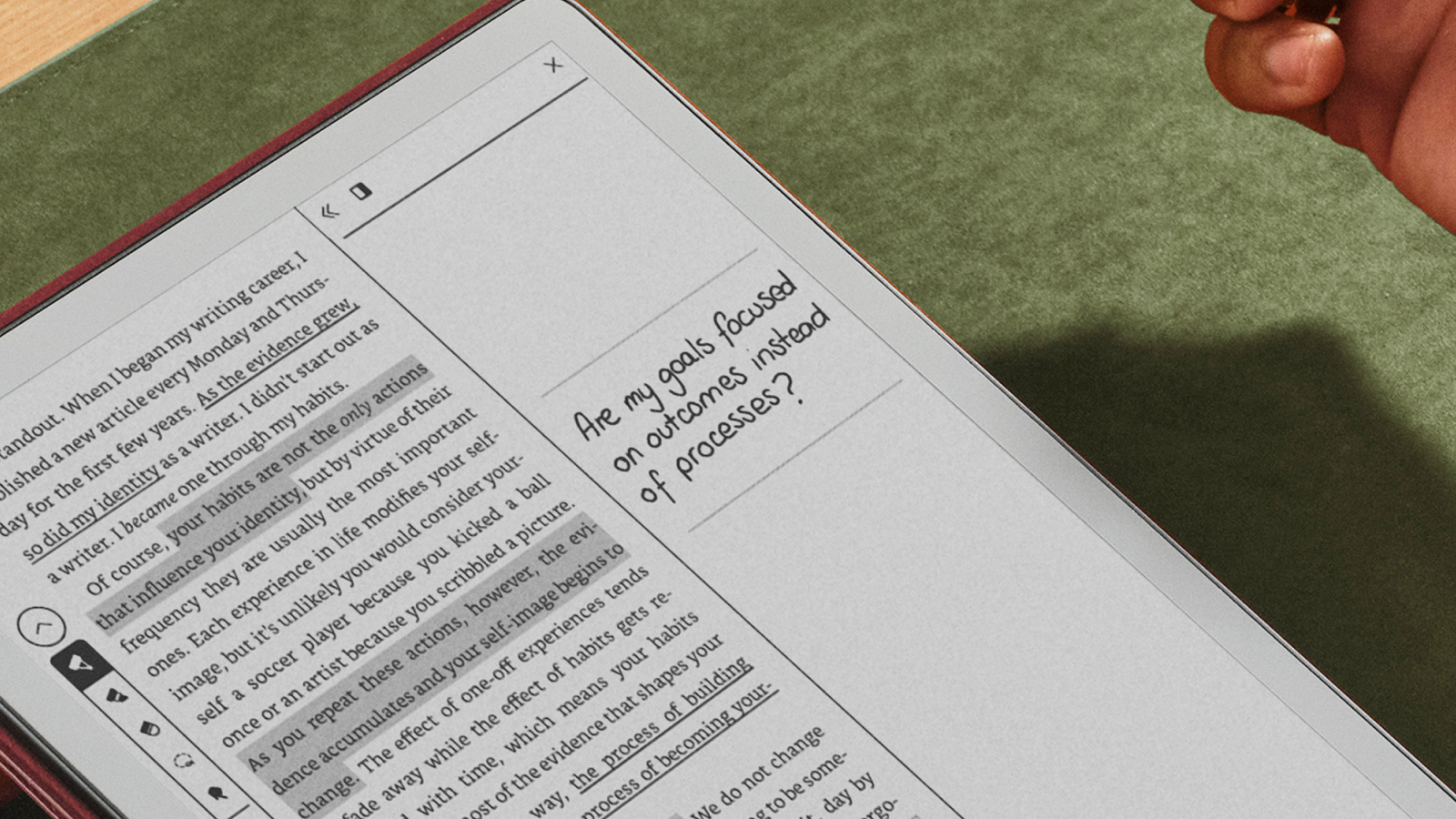 A Kindle showing the AI-powered notebook summary feature with handwritten notes