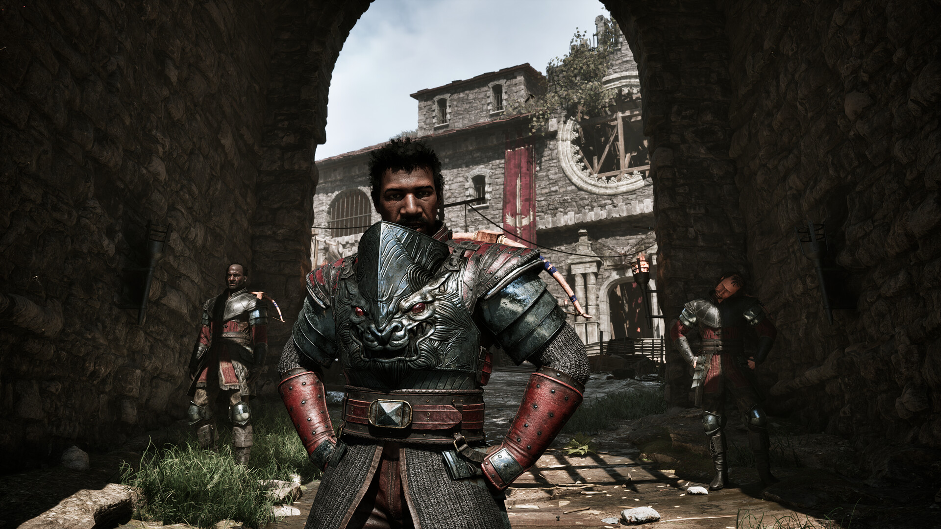 Armoured guards in red and steel plate inside a ruined colony courtyard in Gothic 1 Remake