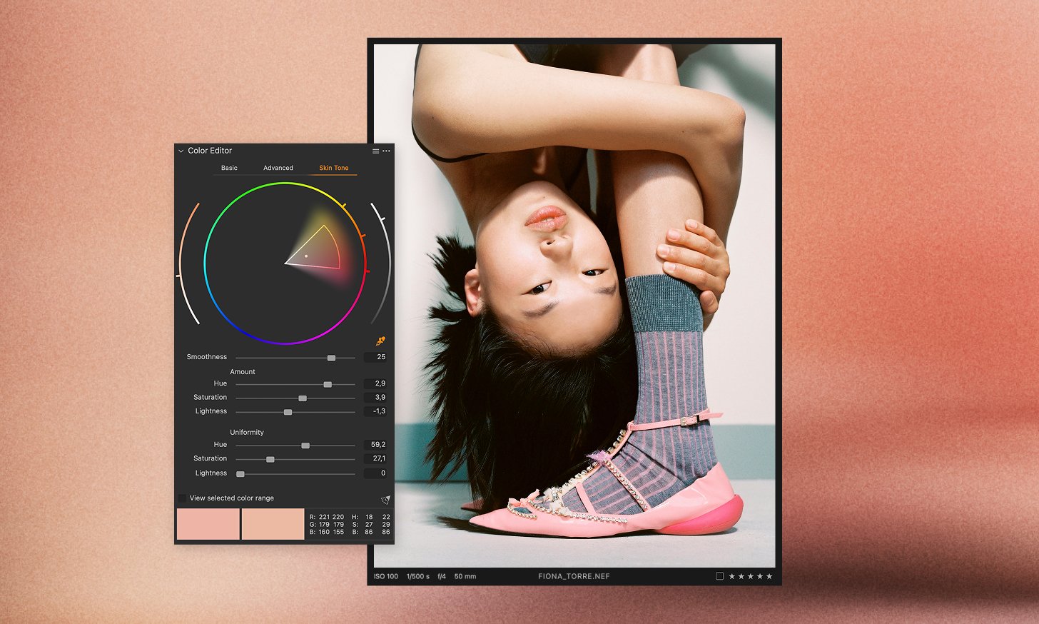 Capture One Pro Skin Tone tab fine-tuning skin colour on a fashion portrait
