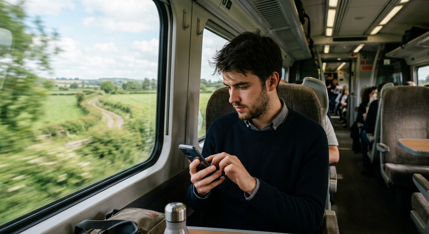 Man using a smartphone on a UK train with countryside passing the window