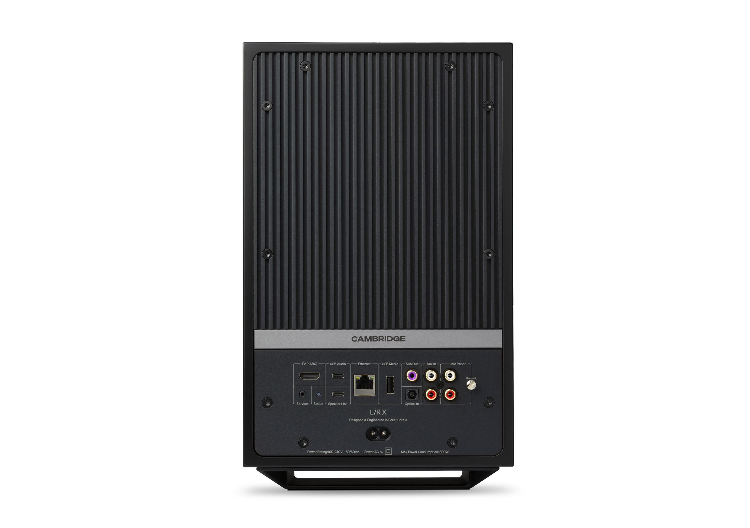 Rear connectivity panel of the Cambridge Audio L/R X primary speaker showing HDMI eARC and phono inputs