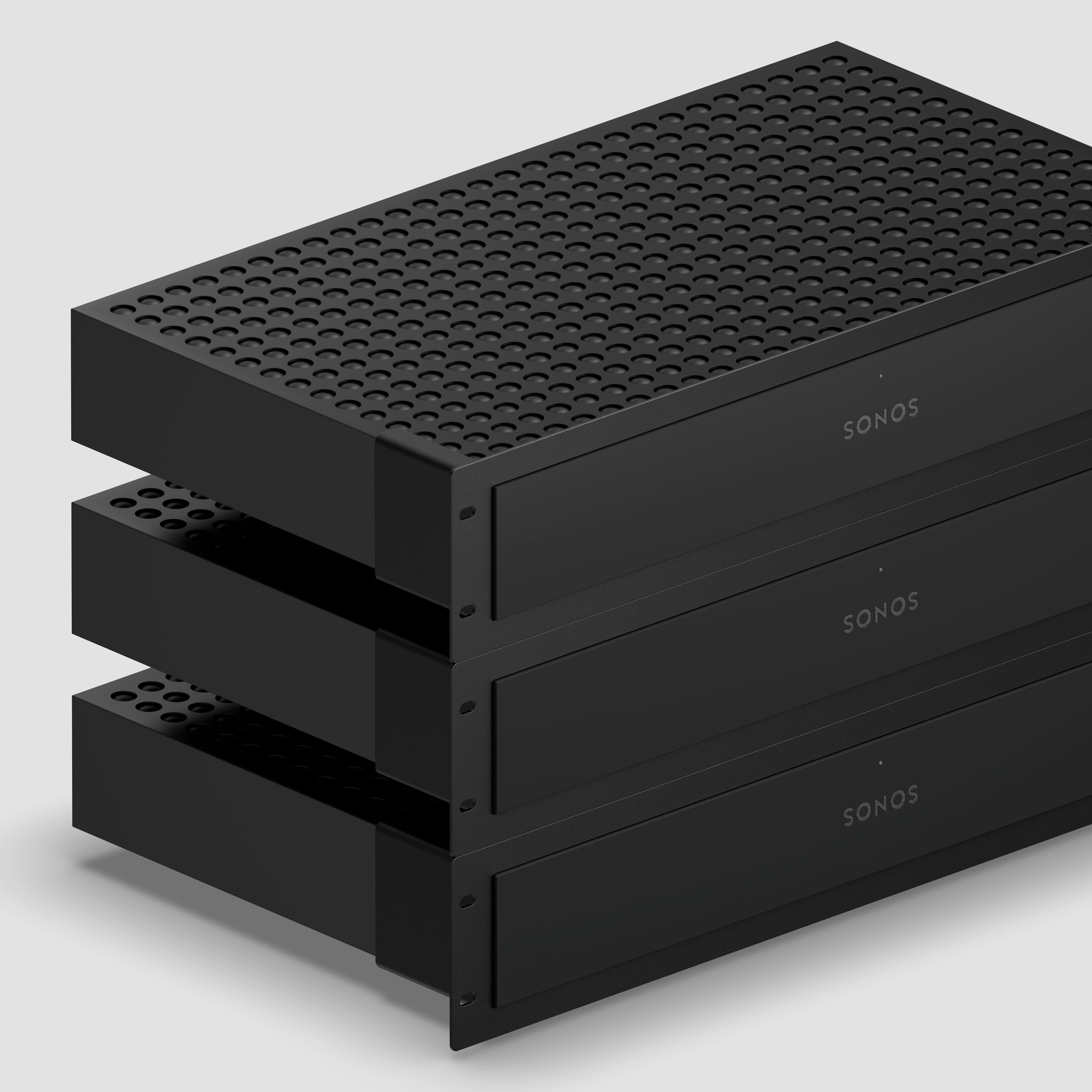 Three Sonos Amp Multi units stacked for a larger custom installation