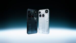 Nothing Phone (3) in black and white showing transparent backs and Glyph Matrix