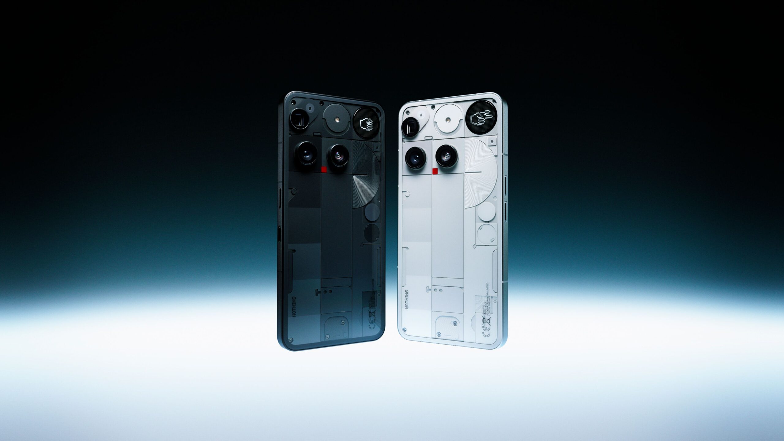 Nothing Phone (3) in black and white showing transparent backs and Glyph Matrix