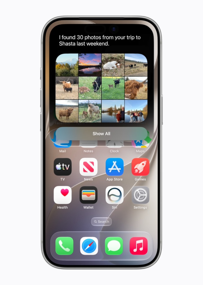 Siri AI shown searching a user's Photos library on iPhone 17 Pro, using personal context to identify specific people and moments