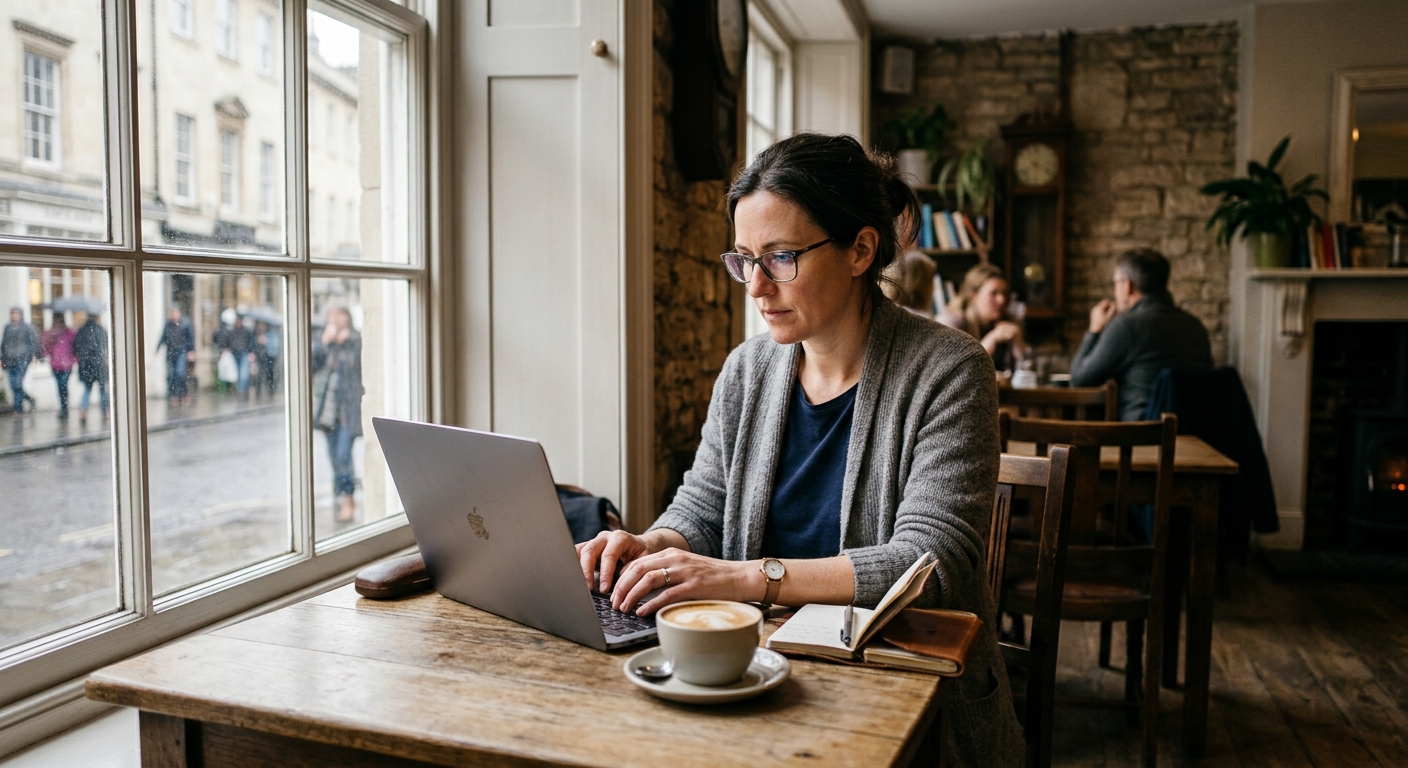 Person working on a laptop at a window table in a UK cafe