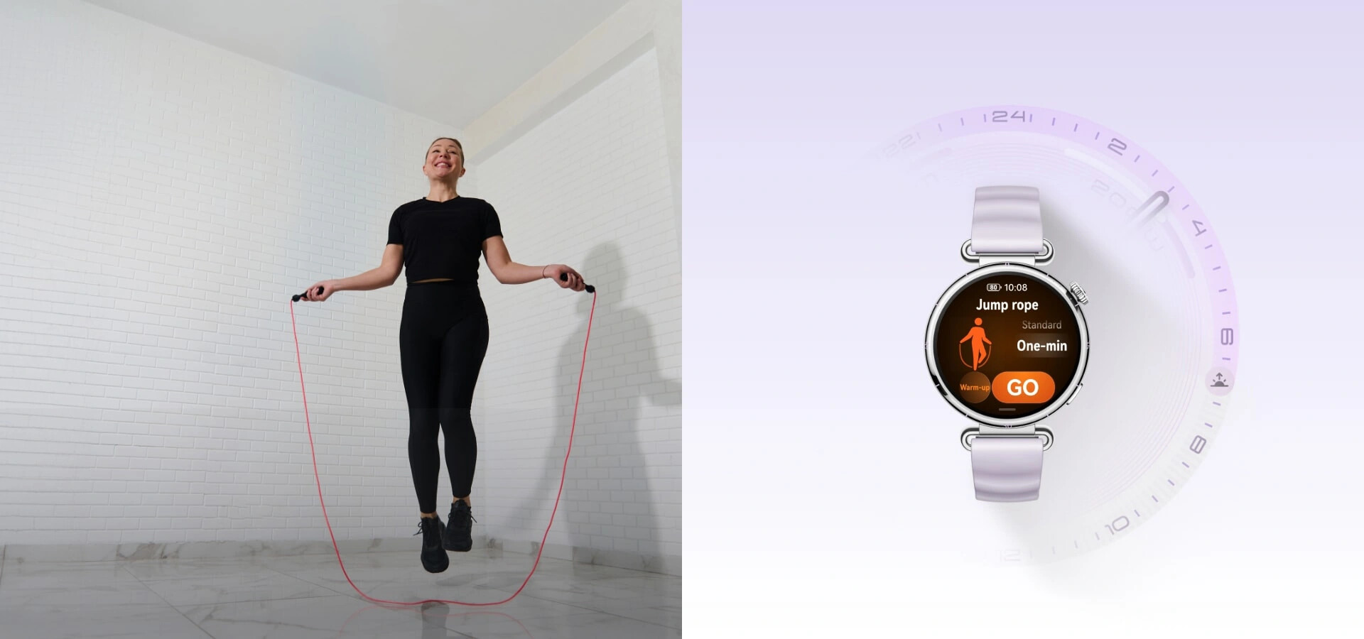 Person skipping with a rope in a bright studio while a Huawei Watch GT 6 workout timer screen is displayed beside them
