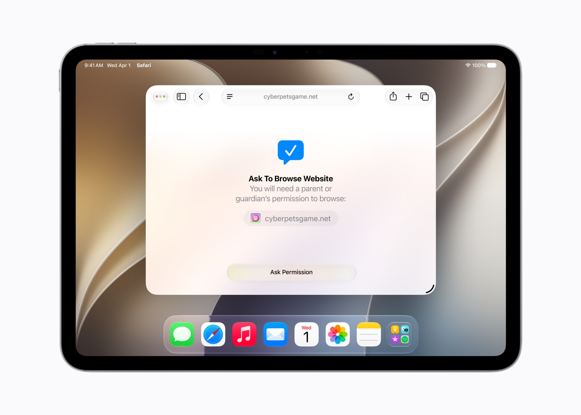 Ask to Browse prompt on an iPad asking a parent to approve a child's web browsing request in iPadOS 27
