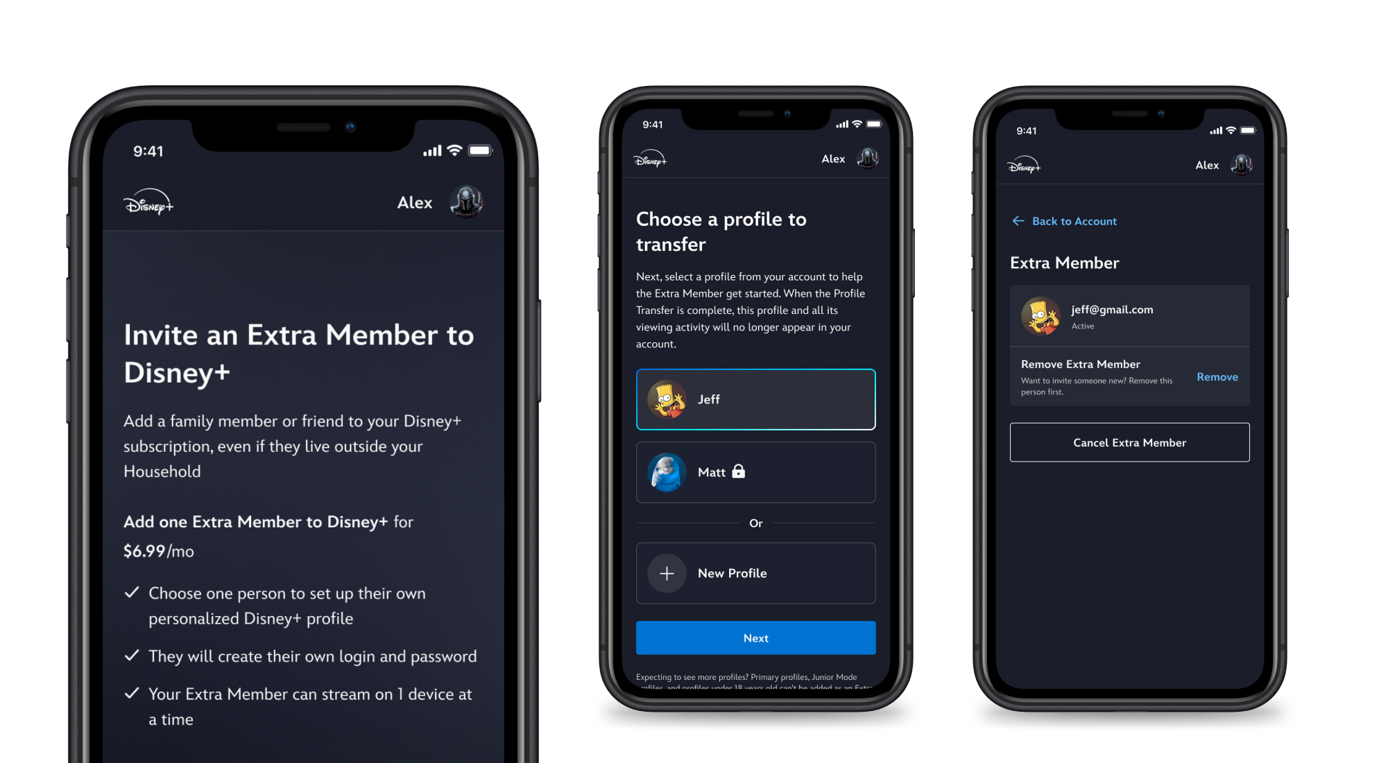 Three phone screens walking through the Disney+ Extra Member signup flow, the paid route around Disney+ password sharing limits, with US dollar pricing in Disney's example imagery