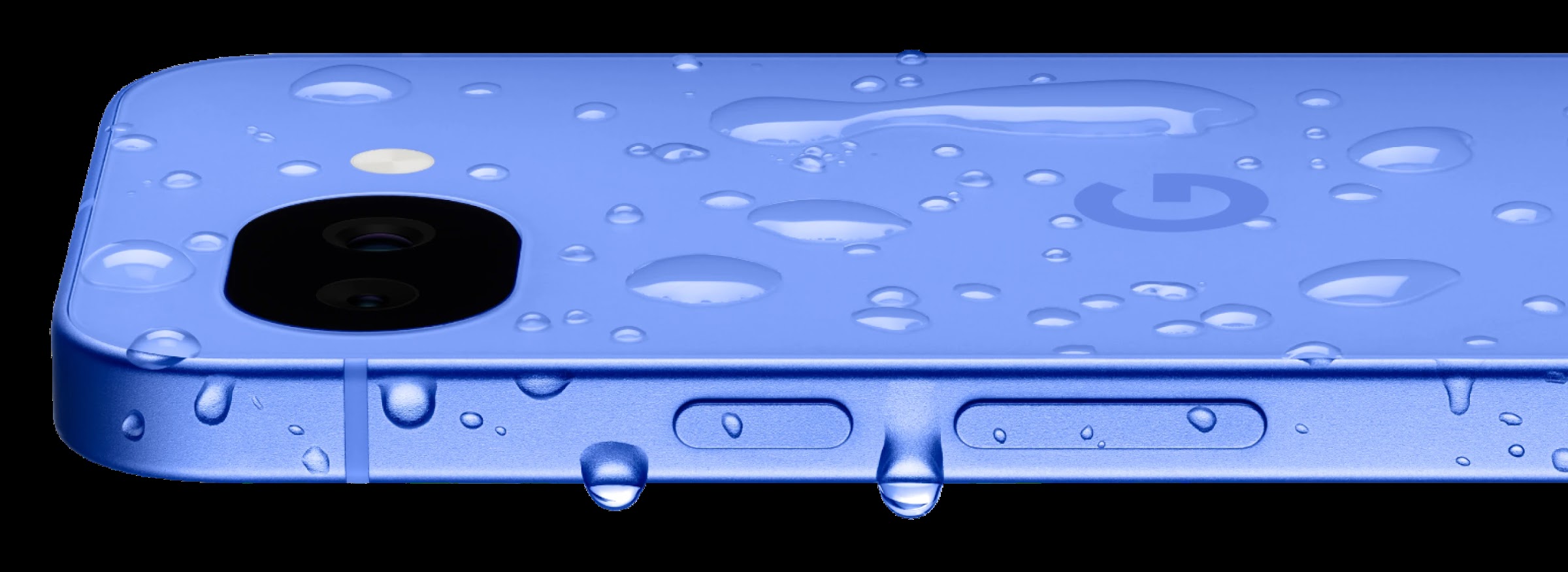 Blue Pixel 10a covered in water droplets showing its IP68 durability